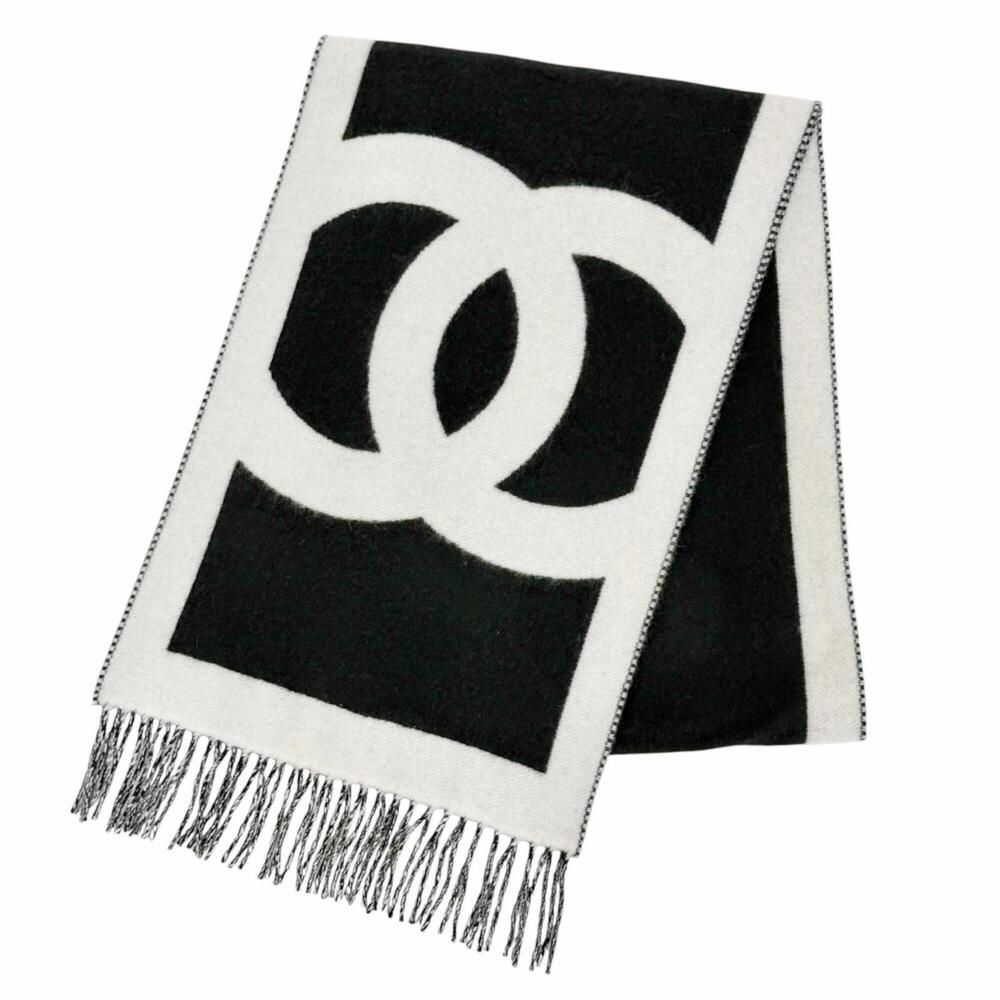 CHANEL 100% Cashmere Coco Mark Bicolor Fringe Long Scarf, Black & White, Made...